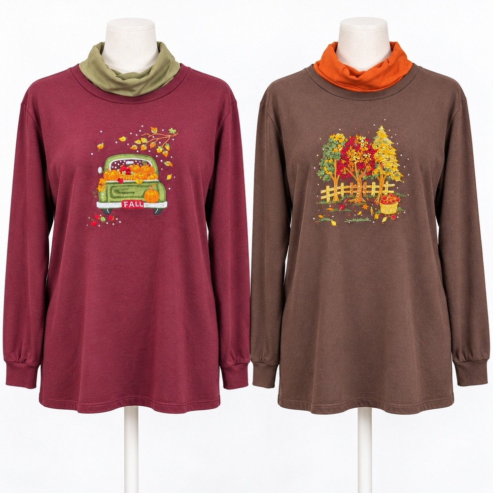 Quacker Factory Fall Embroidered Turtleneck Top Size XL Embellished Cottagecore